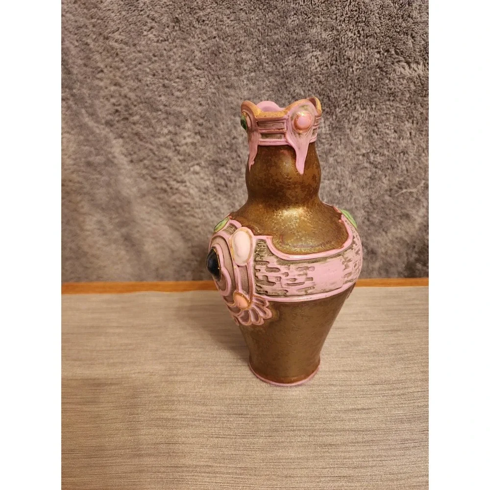 Schafer & Vater German‎ Multi - Colored Jeweled Iridescent Pottery Vase 7.25